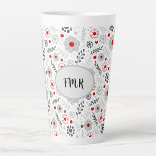 Caneca De Café Latte Monograma Floral Vermelho da Cinza Moderna
