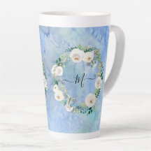 Monograma Floral Watercolor Wash Blue White Script