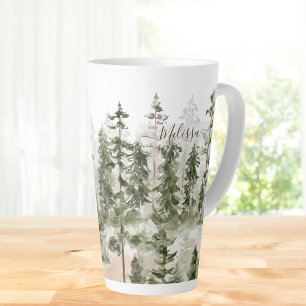 Caneca De Café Latte Monograma Floresta Verde Aquarela Rústica