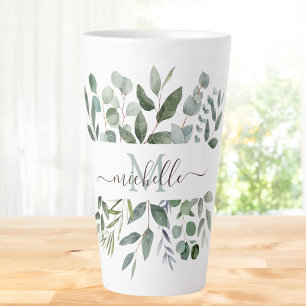 Caneca De Café Latte Monograma Folhas de Eucalipto Verde Sage