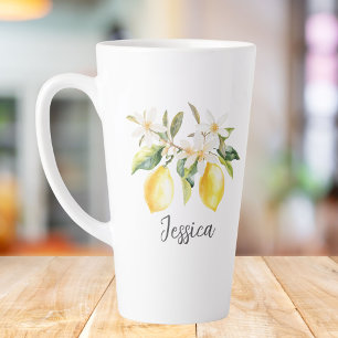 Caneca De Café Latte Monograma Frutas de Limão Flores Brancas Galho de 