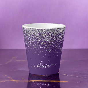 Caneca De Café Latte Monograma Glam Glitter Rosa Prateado Feminino