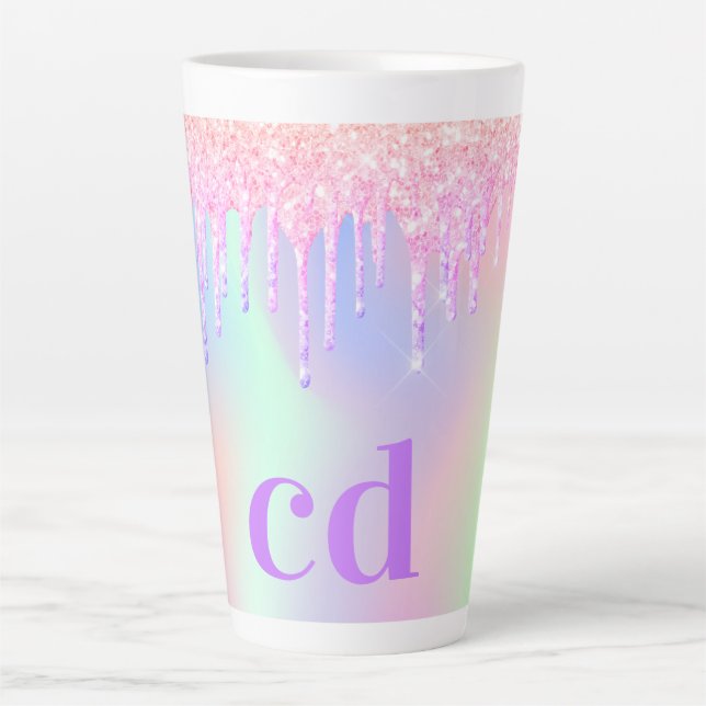 Caneca De Café Latte Monograma holográfico cor-de-rosa com gotas (Frente)