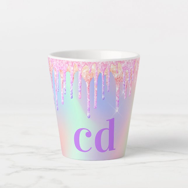 Caneca De Café Latte Monograma holográfico roxo púrpura (Frente)