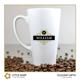 Caneca De Café Latte Monograma Inicial do Nome em Dourado Preto Elegant