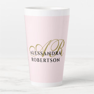 Caneca De Café Latte Monograma Minimalista Rosa Pastel Dourado Preto No