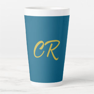 Caneca De Café Latte Monograma Moderno Minimalista em Azul e Dourado