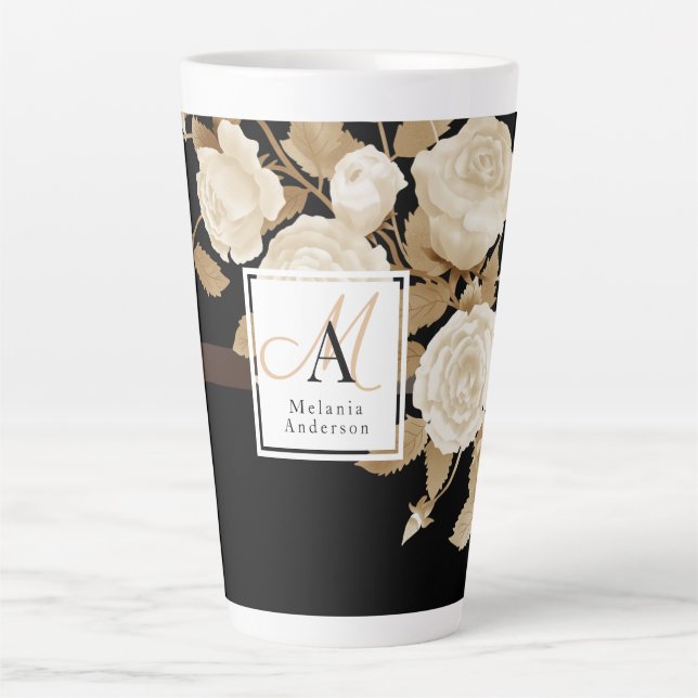 Caneca De Café Latte Monograma negro Dourado Elegante Rosa (Frente)