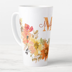Caneca De Café Latte Monograma Nome inicial Laranja Aquarela Floral