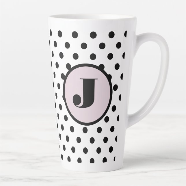 Caneca De Café Latte Monograma Personalizado de Bolinhas Preta (Direita)
