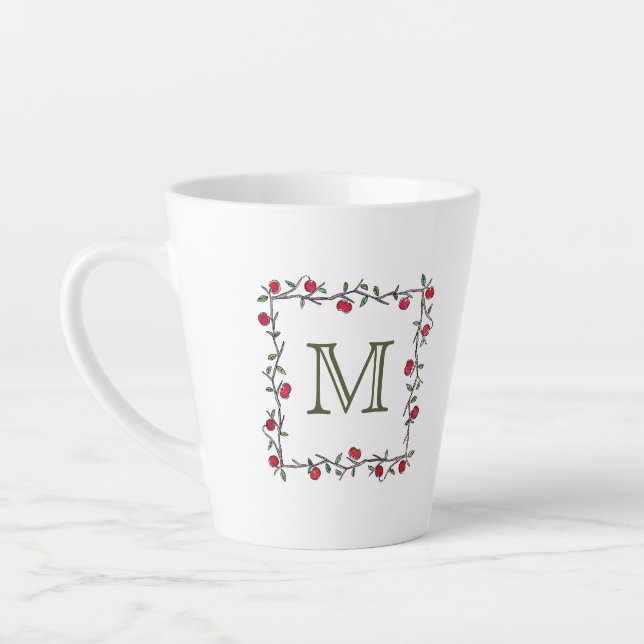Caneca De Café Latte Monograma preto de Maçã Vermelha Elegante (Esquerda)