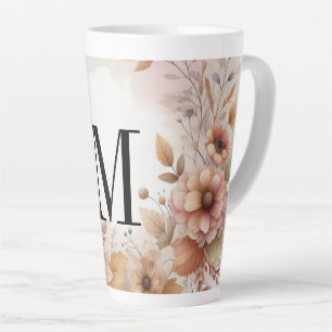Caneca De Café Latte Monograma Queda Folhas e flores aquarela