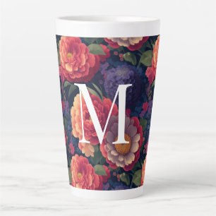 Caneca De Café Latte Monograma romântico floral vermelho-alaranjado ele
