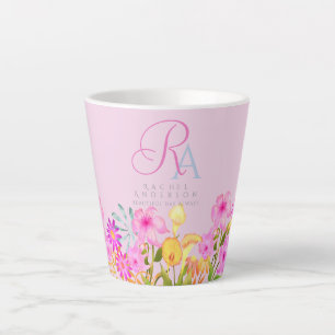 Caneca De Café Latte Monograma Rosa de Jardim Floral