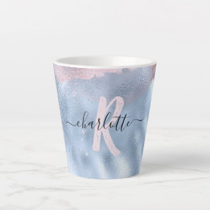 Caneca De Café Latte Monograma Shimmery Rosa Dourado e Azul Bebê