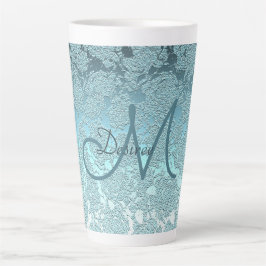 Caneca De Café Latte Monograma Teal Green Girly Elegant Art Floral