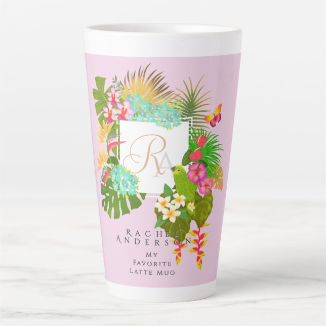 Caneca De Café Latte Monograma tropical de jardim rosa (Frente)