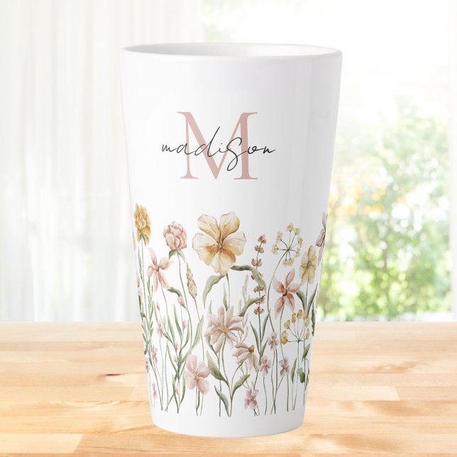 Caneca De Café Latte Monogramas Cores Aquáticas Flores Prateadas (In situ)