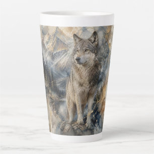 Caneca De Café Latte Montanhas Selvagens de Aquarela do Lobo Cinzento
