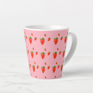 Caneca De Café Latte Morangos vermelhos em fundo rosa