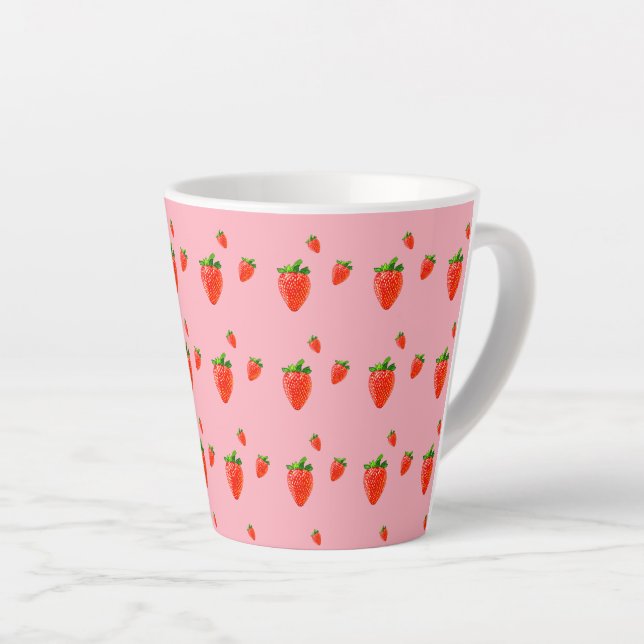 Caneca De Café Latte Morangos vermelhos em fundo rosa (Ângulo direito)