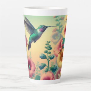 Caneca De Café Latte Moscas De Aves Vibrantes Entre Flores Coloridas