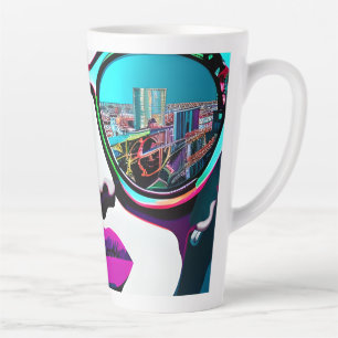 Caneca De Café Latte Mulher Abstrata em Óculos de Sol Reflexo da Cidade