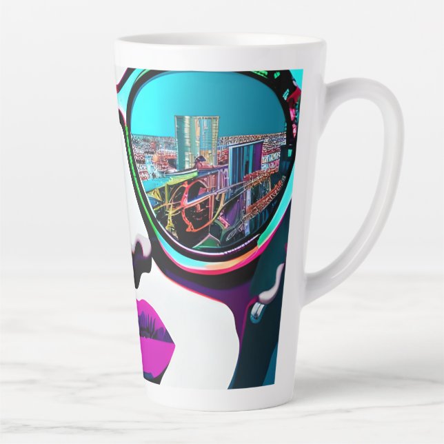 Caneca De Café Latte Mulher Abstrata nos Óculos de Sol Reflexo da Cidad (Direita)