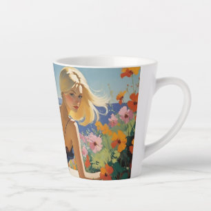 Caneca De Café Latte Mulher Loira Em Jardim Com Vista Oceânica