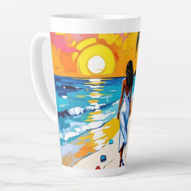 Caneca De Café Latte Mulher na Cena Tropical da Praia (Ângulo esquerdo)