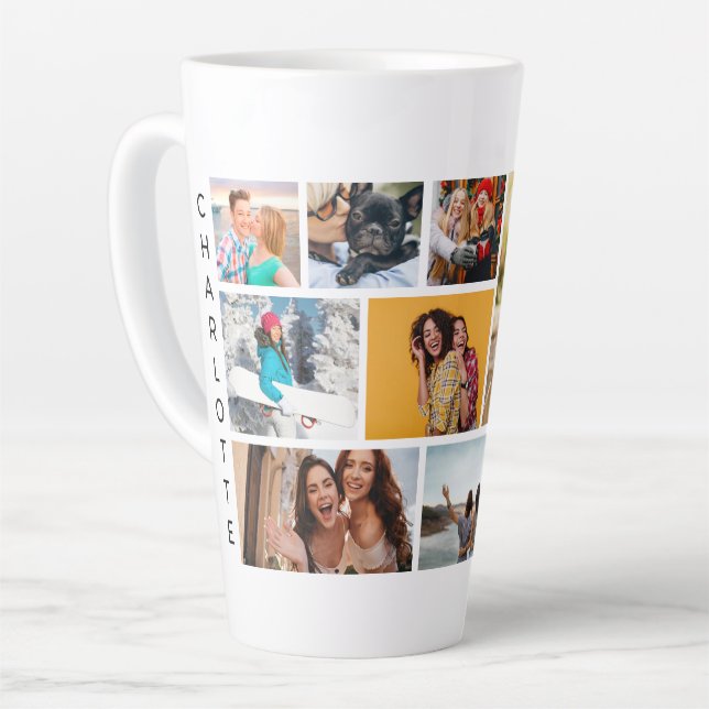 Caneca De Café Latte Multi Photo Collage Modern Personalized Name (Ângulo esquerdo)