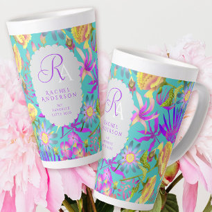 Caneca De Café Latte Mystical Floral Monograma Teal Lata