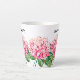 Caneca De Café Latte NAME and Watercolor Pink Hydrangea Floral