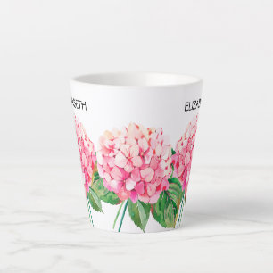 Caneca De Café Latte NAME and Watercolor Pink Hydrangea Floral