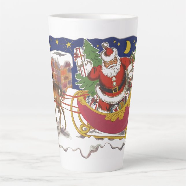 Caneca De Café Latte Natal Antigo, Papai Noel Alegre com Trenó (Frente)