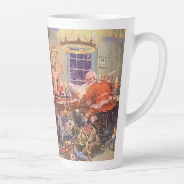 Caneca De Café Latte Natal Antigo, Papai Noel com Oficina dos Elfos (Direita)