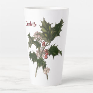 Caneca De Café Latte Natal Antigo, Planta de Azevinho Verde com Frutas
