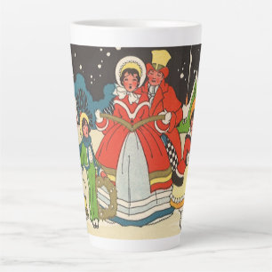 Caneca De Café Latte Natal Antigo, uma Família Cantando Músicas de Nata
