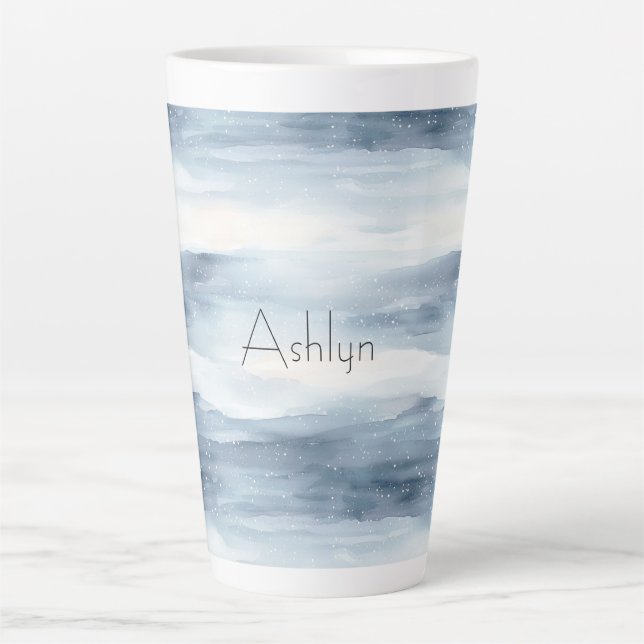 Caneca De Café Latte Natal com Flocos de Neve Branco Azul (Frente)