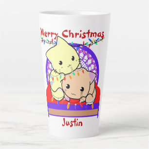 Caneca De Café Latte Natal de gato na cama, nome personalizado