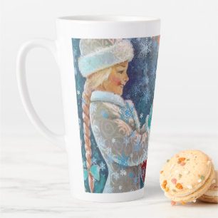 Caneca De Café Latte Natal de Inverno Nevando Menina Fofa com Esquilos 