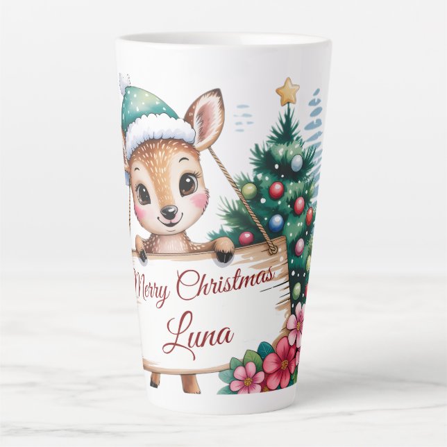 Caneca De Café Latte Natal Personalizado Fofa Cerva Veado Feliz (Frente)