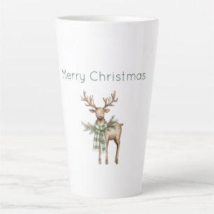 Caneca De Café Latte Natal Veado Marrom Rústico Creme Verde