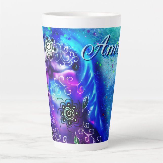 Caneca De Café Latte Náutica Costeira de Golfinho Azul Branco (Frente)