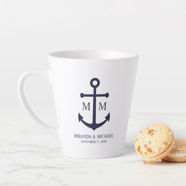 Caneca De Café Latte Nautical Navy Blue Anchor Wedding (In Situ)