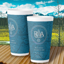 Caneca De Café Latte Nautical Rope Monogram Map Blue