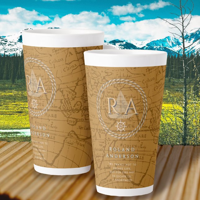 Caneca De Café Latte Nautical Rope Monogram Map Brown (Nautical Map Monogram Traveller Brown Latte Mug.)