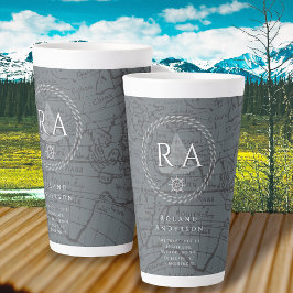 Caneca De Café Latte Nautical Rope Monogram Map Grey