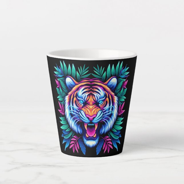 Caneca De Café Latte Neon Tiger e folhas da selva (Frente)