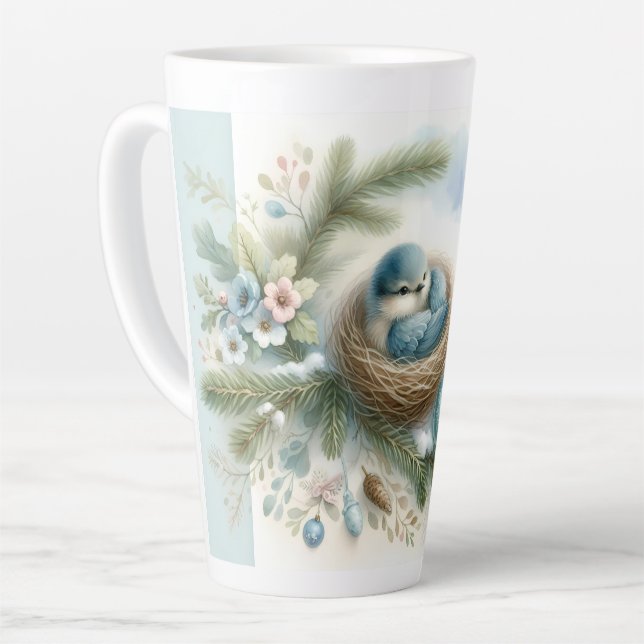 Caneca De Café Latte Ninho de Pássaro Azul com Enfeites em Pinheiros de (Ângulo esquerdo)